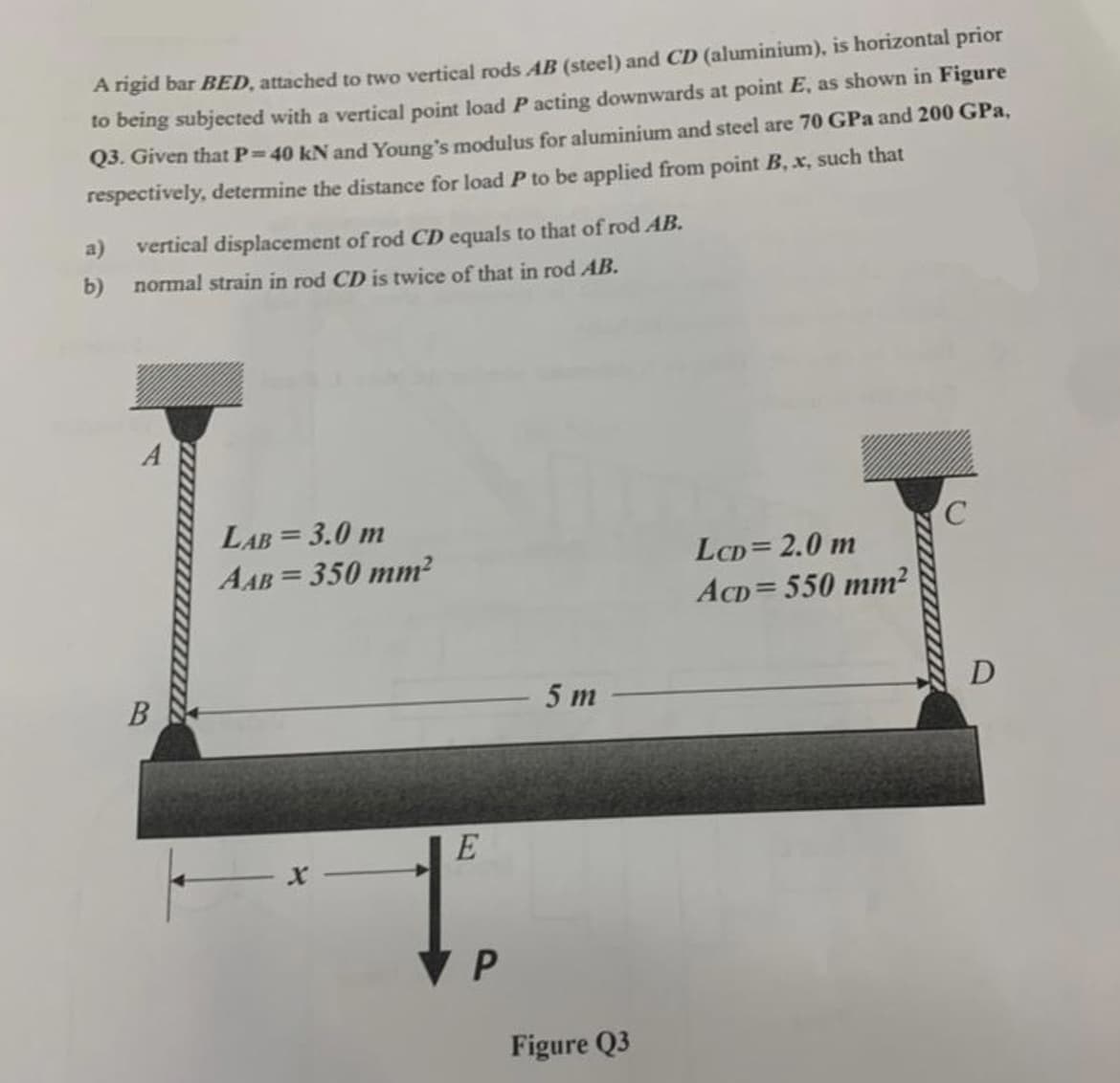 A rigid bar BED, attached to two vertical rods AB (steel) and CD (aluminium), is horizontal prior
to being subjected with a vertical point load P acting downwards at point E, as shown in Figure
Q3. Given that P=40 kN and Young's modulus for aluminium and steel are 70 GPa and 200 GPa,
respectively, determine the distance for load P to be applied from point B, x, such that
a)
b)
vertical displacement of rod CD equals to that of rod AB.
normal strain in rod CD is twice of that in rod AB.
B
A
LAB = 3.0 m
AAB
350 mm²
X
E
5 m
P
Figure Q3
C
LCD = 2.0 m
ACD=550 mm²
D