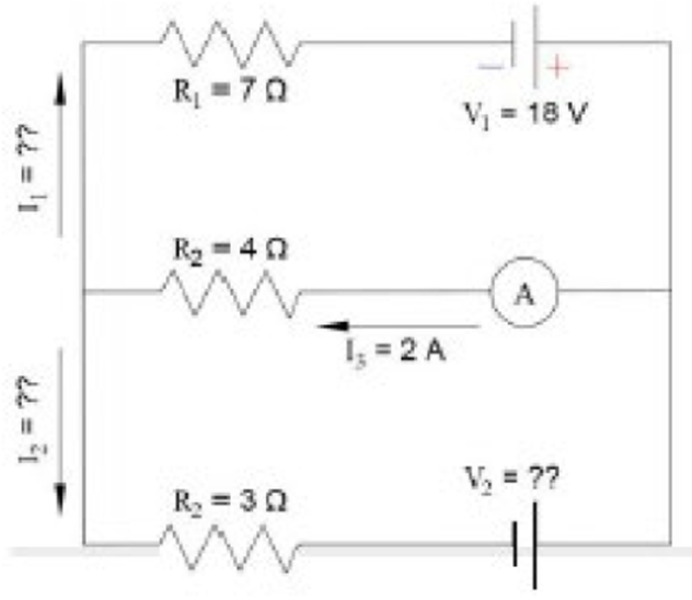 R =70
V = 18 V
R2 =40
A
I = 2 A
%3D
V, = ??
R = 30
I = ?7
