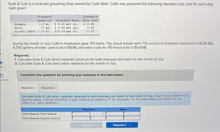 Suds & Cuts is a local pet grooming shop owned by Collin Bark. Collin has prepared the following standard cost card for each dog
bath given:
Standard
Quantity
1.9 oz. $ 0.20 per oz.
17 gal. $ 0.04 per gal.
Standard
Standard Rate Unit Cost
$ 0.38
0.68
11.50
Shampoo
Water
Direct labor 1.15 hr. $10.00 per hr.
During the month of July, Collin's employees gave 370 baths. The actual results were 735 ounces of shampoo used (cost of $205.80),
6,700 gallons of water used (cost of $536), and labor costs for 310 hours (cost of $3,658).
Required:
1. Calculate Suds & Cuts direct materials variances for both shampoo and water for the month of July.
2. Calculate Suds & Cuts direct labor variances for the month of July.
int
Complete this question by entering your answers in the tabs below.
etences
Required 1
Required 2
Calcuiate Suds & Cuts direct materials variances for both shampoo and water for the month of July. (Round your answers to 2
decimal places. Indicate the effect of each variance by selecting "F for favorable, "U" for unfavorable, and "None" for no
effect (1.e., zero variance).)
Shampoo
Water
Direct Material Price Variance
Direct Material Quantity Variance
Raquired
Required 2 >
