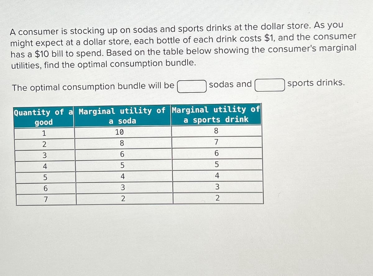 A consumer is stocking up on sodas and sports drinks at the dollar store. As you
might expect at a dollar store, each bottle of each drink costs $1, and the consumer
has a $10 bill to spend. Based on the table below showing the consumer's marginal
utilities, find the optimal consumption bundle.
The optimal consumption bundle will be
sodas and
sports drinks.
Quantity of a Marginal utility of Marginal utility of
a soda
a sports drink
good
1
2
10
8
8
7
3
6
6
4
5
5
5
4
4
6
3
3
7
2
2