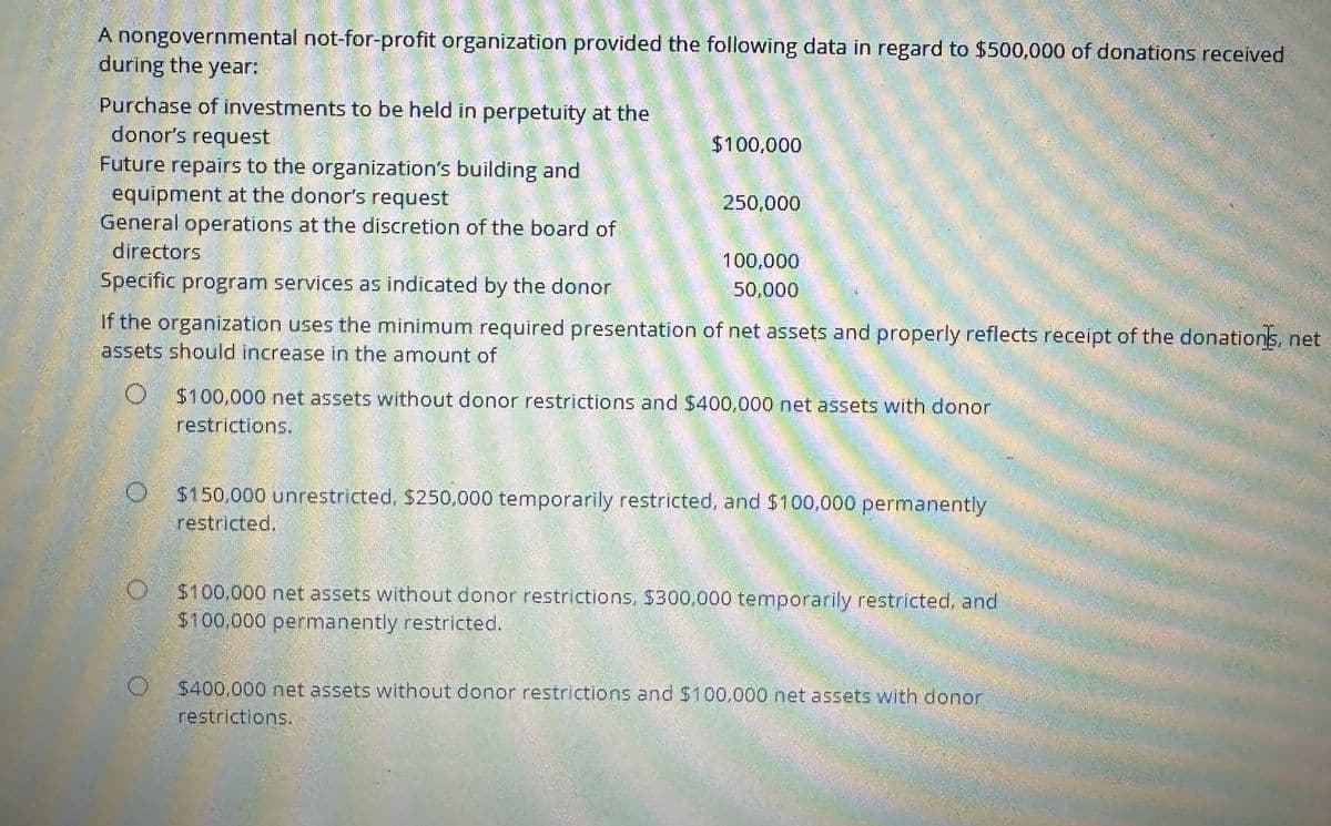 A nongovernmental not-for-profit organization provided the following data in regard to $500,000 of donations received
during the year:
Purchase of investments to be held in perpetuity at the
donor's request
$100,000
Future repairs to the organization's building and
equipment at the donor's request
250,000
General operations at the discretion of the board of
directors
100,000
Specific program services as indicated by the donor
50,000
If the organization uses the minimum required presentation of net assets and properly reflects receipt of the donations, net
assets should increase in the amount of
O
$100,000 net assets without donor restrictions and $400,000 net assets with donor
restrictions.
O
$150,000 unrestricted, $250,000 temporarily restricted, and $100,000 permanently
restricted.
O $100,000 net assets without donor restrictions, $300,000 temporarily restricted, and
$100,000 permanently restricted.
$400,000 net assets without donor restrictions and $100,000 net assets with donor
restrictions.