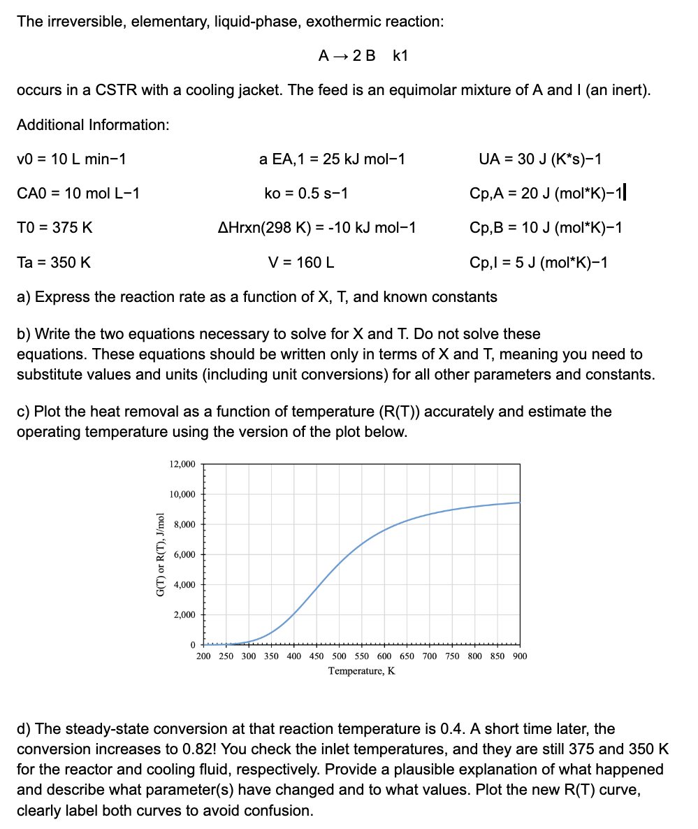 The irreversible, elementary, liquid-phase, exothermic reaction:
A 2 B k1
occurs in a CSTR with a cooling jacket. The feed is an equimolar mixture of A and I (an inert).
Additional Information:
v010 L min-1
CA0 = 10 mol L-1
TO = 375 K
Ta = 350 K
a EA,1 = 25 kJ mol-1
UA 30 J (K*s)-1
ko = 0.5 s-1
Cp,A 20 J (mol*K)-1|
AHrxn(298 K) = -10 kJ mol-1
Cp, B = 10 J (mol*K)-1
V = 160 L
Cp,l=5 J (mol*K)-1
a) Express the reaction rate as a function of X, T, and known constants
b) Write the two equations necessary to solve for X and T. Do not solve these
equations. These equations should be written only in terms of X and T, meaning you need to
substitute values and units (including unit conversions) for all other parameters and constants.
c) Plot the heat removal as a function of temperature (R(T)) accurately and estimate the
operating temperature using the version of the plot below.
12,000
G(T) or R(T), J/mol
10,000
8,000
6,000
4,000
2,000
0
200 250 300 350 400 450 500 550 600 650 700 750 800 850 900
Temperature, K
d) The steady-state conversion at that reaction temperature is 0.4. A short time later, the
conversion increases to 0.82! You check the inlet temperatures, and they are still 375 and 350 K
for the reactor and cooling fluid, respectively. Provide a plausible explanation of what happened
and describe what parameter(s) have changed and to what values. Plot the new R(T) curve,
clearly label both curves to avoid confusion.