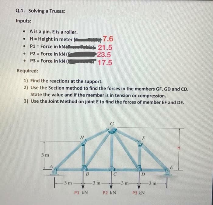 Q.1. Solving a Trusss:
Inputs:
• A is a pin. E is a roller.
7.6
• H= Height in meter
• P1 = Force in kN
• P2 = Force in kN (E
• P3 = Force in kN
ble 21.5
23.5
17.5
!!
Required:
1) Find the reactions at the support.
2) Use the Section method to find the forces in the members GF, GD and CD.
State the value and if the member is in tension or compression.
3) Use the Joint Method on joint E to find the forces of member EF and DE.
3 m
3 m
-3 m
3 m
3 m
P1 kN
P2 kN
P3 kN
