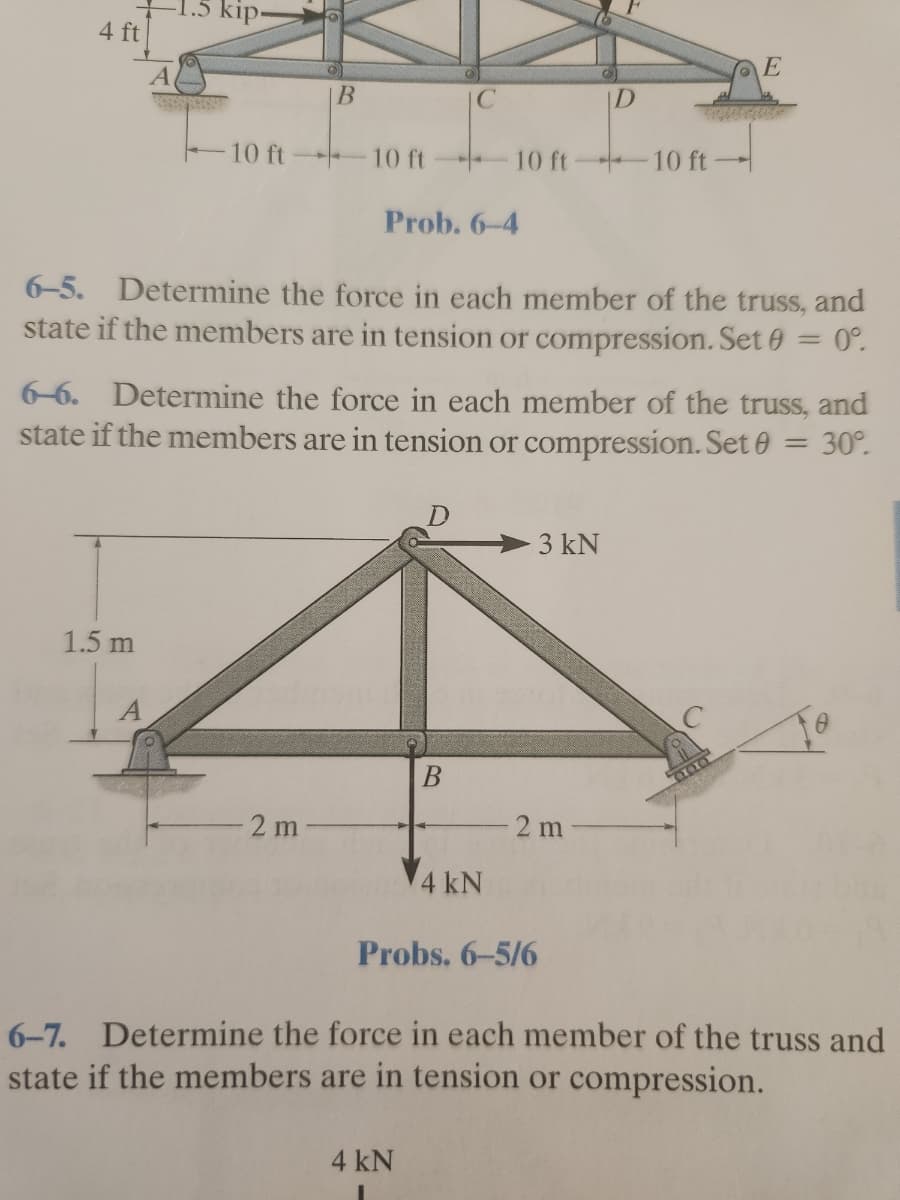4 ft
kip.
A
SEYCHEST
1.5 m
10 ft
B
10 ft
2 m
Prob. 6-4
10 ft
6-5. Determine the force in each member of the truss, and
state if the members are in tension or compression. Set 0 = 0°.
6-6. Determine the force in each member of the truss, and
state if the members are in tension or compression. Set 0 = 30°.
B
4 kN
4 kN
Probs. 6-5/6
D
3 kN
2 m
-10 ft
E
6-7.
Determine the force in each member of the truss and
state if the members are in tension or compression.