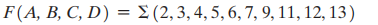 F(A, B, C, D) = Σ (2, 3, 4, 5, 6, 7, 9, 11, 12, 13)