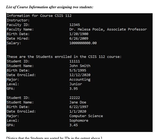 List of Course Information after assigning two students:
Information for Course CSIS 112
Instructor:
Faculty ID:
Faculty Name:
Birth Date:
Date Hired:
Salary:
12345
Dr. Melesa Poole, Associate Professor
1/20/1900
6/26/2009
1000000000.0e
These are the Students enrolled in the CSIS 112 course:
Student ID:
Student Name:
Birth Date:
Date Enrolled:
Major:
11111
John Smith
5/5/1995
12/12/2020
Accounting
Junior
Level:
GPA:
3.95
Student ID:
Student Name :
Birth Date:
Date Enrolled:
Major:
22222
Jane Doe
6/22/1997
1/1/2020
Computer Science
Sophomore
Level:
GPA:
3.45
Notice that the Students are sorted by IDs in the output above 1
