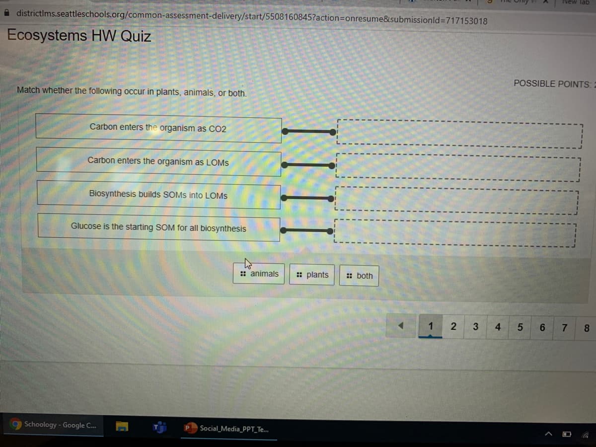 New Tab
A districtIms.seattleschools.org/common-assessment-delivery/start/5508160845?action3Donresume&submissionld=717153018
Ecosystems HW Quiz
POSSIBLE POINTS: 2
Match whether the following occur in plants, animals, or both.
Carbon enters the organism as CO2
Carbon enters the organism as LOMS
Biosynthesis builds SOMS into LOMS
Glucose is the starting SOM for all biosynthesis
:: animals
:: plants
:: both
1
4
5
6.
g Schoology- Google C...
Social_Media_PPT_Te...
