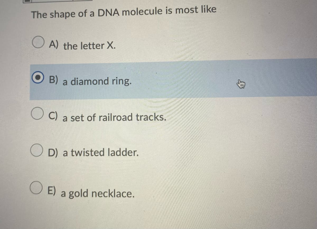 The shape of a DNA molecule is most like
A) the letter X.
B)
a diamond ring.
C)
a set of railroad tracks.
O D) a twisted ladder.
E) a gold necklace.
