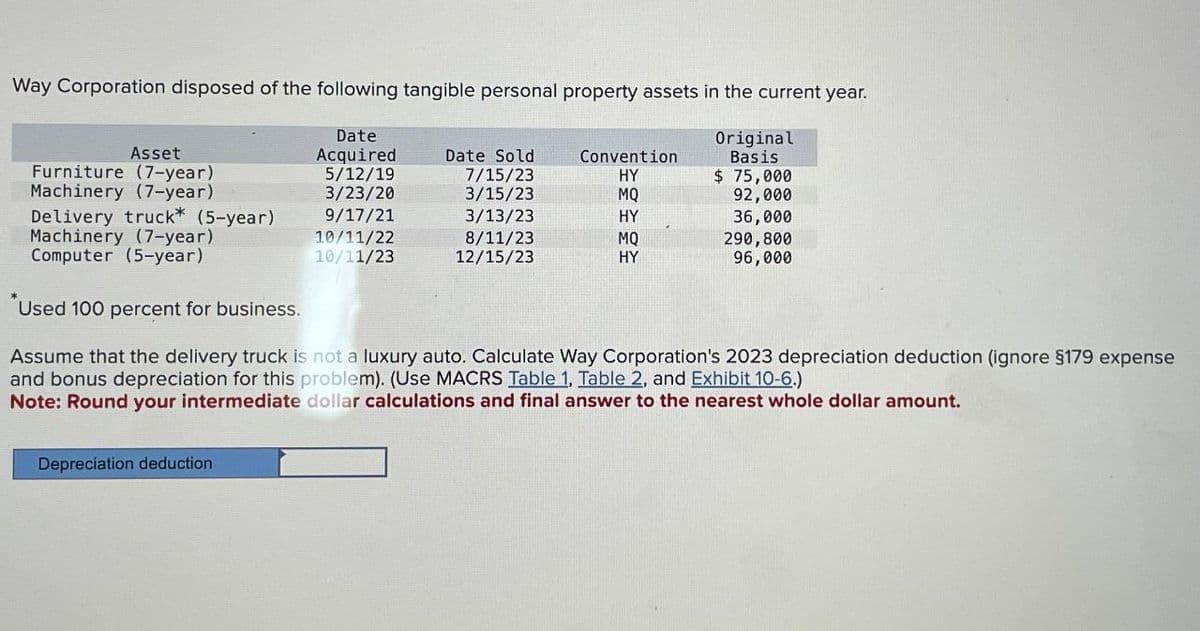 Asset
Date
Acquired
Way Corporation disposed of the following tangible personal property assets in the current year.
Original
Basis
Date Sold
Convention
Furniture (7-year)
5/12/19
7/15/23
HY
$ 75,000
Machinery (7-year)
3/23/20
3/15/23
MQ
92,000
Delivery truck* (5-year)
9/17/21
3/13/23
HY
36,000
Machinery (7-year)
10/11/22
8/11/23
MQ
Computer (5-year)
10/11/23
12/15/23
HY
290,800
96.000
Used 100 percent for business.
Assume that the delivery truck is not a luxury auto. Calculate Way Corporation's 2023 depreciation deduction (ignore $179 expense
and bonus depreciation for this problem). (Use MACRS Table 1, Table 2, and Exhibit 10-6.)
Note: Round your intermediate dollar calculations and final answer to the nearest whole dollar amount.
Depreciation deduction