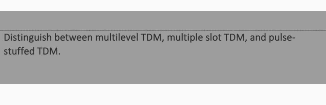 Distinguish between multilevel TDM, multiple slot TDM, and pulse-
stuffed TDM.
