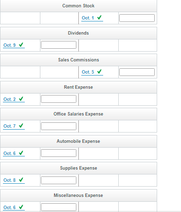 Common Stock
Oct. 1 V
Dividends
Oct. 9 V
Sales Commissions
Oct. 5 V
Rent Expense
Oct. 2 V
Office Salaries Expense
Oct. 7 V
Automobile Expense
Oct. 6 V
Supplies Expense
Oct. 8 V
Miscellaneous Expense
Oct. 6 V

