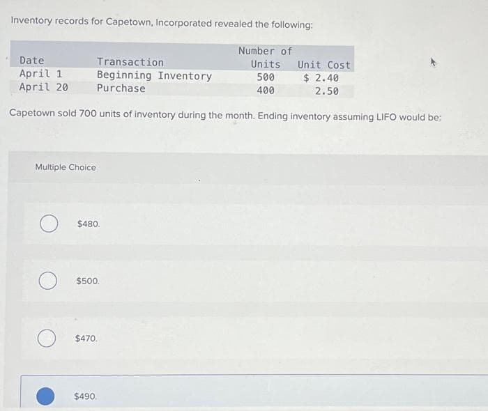 Inventory records for Capetown, Incorporated revealed the following:
Number of
Units
500
400
Transaction
Date
April 1
Beginning Inventory
Purchase
April 20
Capetown sold 700 units of inventory during the month. Ending inventory assuming LIFO would be:
Multiple Choice
O $480.
$500.
O $470.
$490.
Unit Cost
$ 2.40
2.50