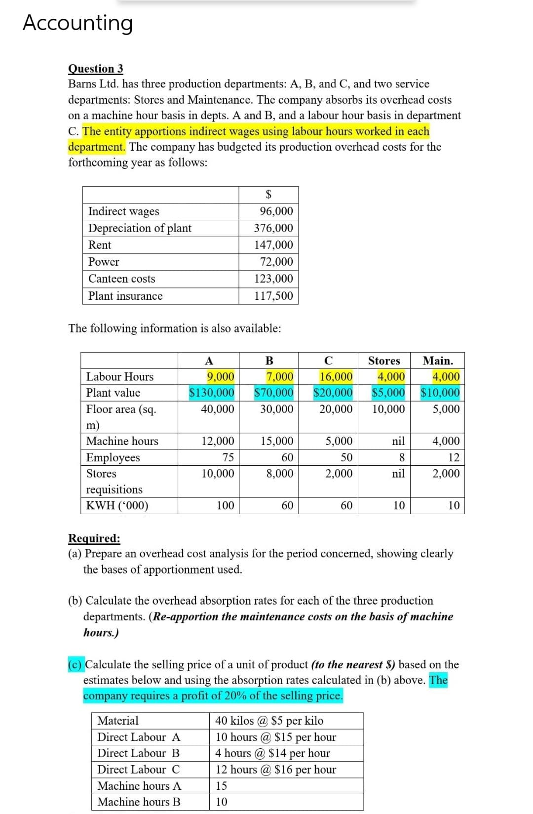 Accounting
Question 3
Barns Ltd. has three production departments: A, B, and C, and two service
departments: Stores and Maintenance. The company absorbs its overhead costs
on a machine hour basis in depts. A and B, and a labour hour basis in department
C. The entity apportions indirect wages using labour hours worked in each
department. The company has budgeted its production overhead costs for the
forthcoming year as follows:
Indirect wages
Depreciation of plant
Rent
Power
Canteen costs
Plant insurance
The following information is also available:
Labour Hours
Plant value
Floor area (sq.
m)
Machine hours
Employees
Stores
requisitions
KWH ('000)
A
9,000
$130,000
40,000
Material
Direct Labour A
Direct Labour B
Direct Labour C
12,000
75
10,000
Machine hours A
Machine hours B
$
96,000
376,000
147,000
72,000
123,000
117,500
100
B
C
7,000 16,000
$70,000 $20,000
30,000
20,000
15,000
60
8,000
60
5,000
50
2,000
60
Stores Main.
4,000
4,000
$5,000 $10,000
10,000
5,000
nil
8
nil
40 kilos @ $5 per kilo
10 hours @ $15 per hour
4 hours @ $14 per hour
12 hours @ $16 per hour
15
10
10
Required:
(a) Prepare an overhead cost analysis for the period concerned, showing clearly
the bases of apportionment used.
4,000
12
2,000
(b) Calculate the overhead absorption rates for each of the three production
departments. (Re-apportion the maintenance costs on the basis of machine
hours.)
10
(c) Calculate the selling price of a unit of product (to the nearest $) based on the
estimates below and using the absorption rates calculated in (b) above. The
company requires a profit of 20% of the selling price.