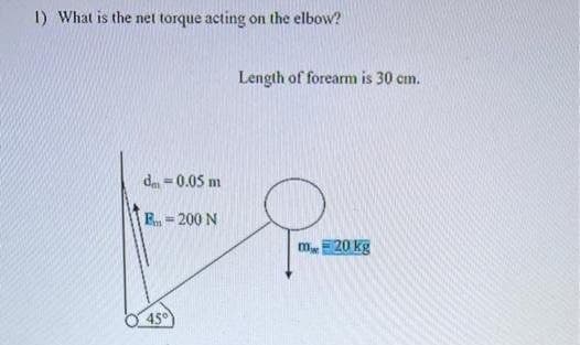 1) What is the net torque acting on the elbow?
dm = 0.05 m
Em 200 N
-
45°
Length of forearm is 30 cm.
0020 kg