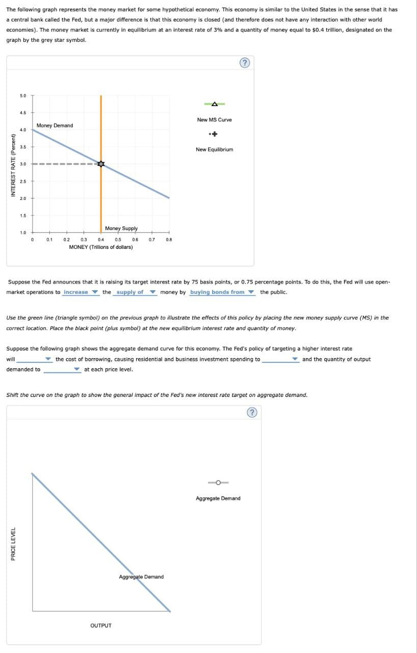 PRICE LEVEL
INTEREST RATE (Percent)
The following graph represents the money market for some hypothetical economy. This economy is similar to the United States in the sense that it has
a central bank called the Fed, but a major difference is that this economy is closed (and therefore does not have any interaction with other world
economies). The money market is currently in equilibrium at an interest rate of 3% and a quantity of money equal to $0.4 trillion, designated on the
graph by the grey star symbol.
5.0
4.5
New MS Curve
Money Demand
4.0
3.5
3.0
2.5
2.0
1.5
1.0
0.1
0.2
Money Supply
0.3
0.4
0.5
0.6
0.7
0.8
MONEY (Trillions of dollars)
New Equilibrium
(?
Suppose the Fed announces that it is raising its target interest rate by 75 basis points, or 0.75 percentage points. To do this, the Fed will use open-
market operations to increase the supply of money by buying bonds from the public.
Use the green line (triangle symbol) on the previous graph to illustrate the effects of this policy by placing the new money supply curve (MS) in the
correct location. Place the black point (plus symbol) at the new equilibrium interest rate and quantity of money.
and the quantity of output
Suppose the following graph shows the aggregate demand curve for this economy. The Fed's policy of targeting a higher interest rate
will
the cost of borrowing, causing residential and business investment spending to
at each price level.
demanded to
Shift the curve on the graph to show the general impact of the Fed's new interest rate target on aggregate demand.
OUTPUT
Aggregate Demand
Aggregate Demand