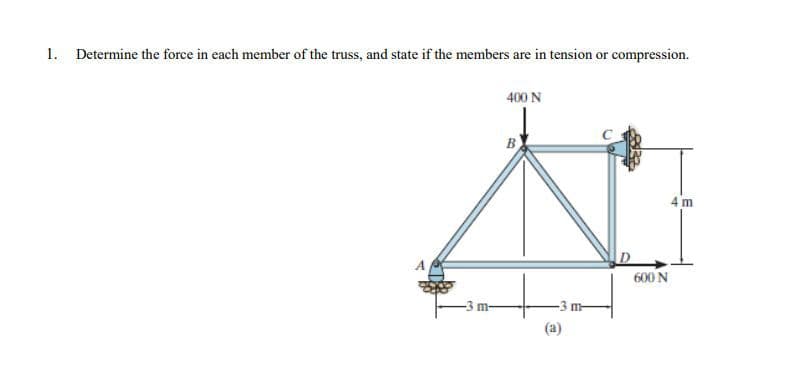 1. Determine the force in each member of the truss, and state if the members are in tension or compression.
400 N
B
4 m
A
600 N
-3 m-
