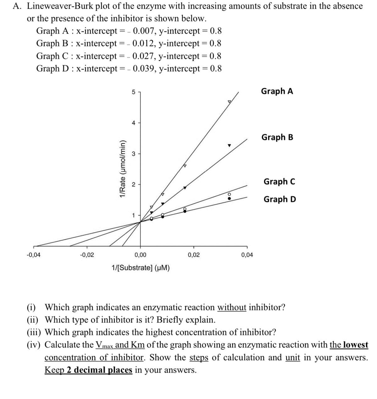 A. Lineweaver-Burk plot of the enzyme with increasing amounts of substrate in the absence
or the presence of the inhibitor is shown below.
Graph A : x-intercept
Graph B : x-intercept = - 0.012, y-intercept = 0.8
Graph C : x-intercept = - 0.027, y-intercept = 0.8
Graph D : x-intercept = - 0.039, y-intercept = 0.8
- 0.007, y-intercept = 0.8
Graph A
4
Graph B
Graph C
Graph D
1
-0,04
-0,02
0,00
0,02
0,04
1/[Substrate] (uM)
(i) Which graph indicates an enzymatic reaction without inhibitor?
(ii) Which type of inhibitor is it? Briefly explain.
(iii) Which graph indicates the highest concentration of inhibitor?
(iv) Calculate the Vmax and Km of the graph showing an enzymatic reaction with the lowest
concentration of inhibitor. Show the steps of calculation and unit in your answers.
Keep 2 decimal places in your answers.
1/Rate (umol/min)
