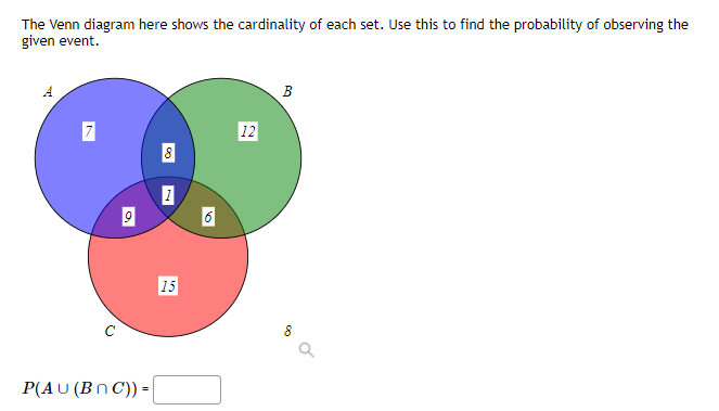 The Venn diagram here shows the cardinality of each set. Use this to find the probability of observing the
given event.
B
7
12
15
P(Aυ (Β n C) -
