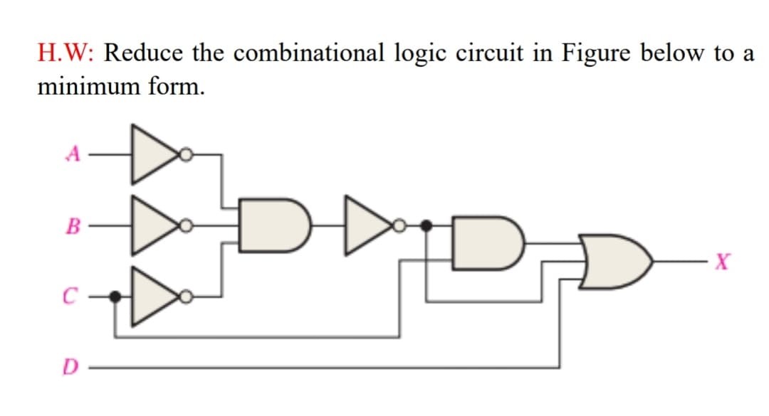 H.W: Reduce the combinational logic circuit in Figure below to a
minimum form.
A
B
C
DADD
X