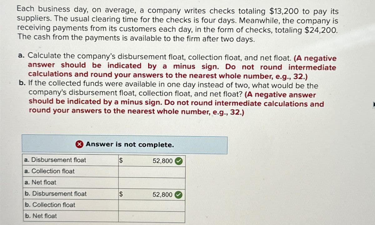 Each business day, on average, a company writes checks totaling $13,200 to pay its
suppliers. The usual clearing time for the checks is four days. Meanwhile, the company is
receiving payments from its customers each day, in the form of checks, totaling $24,200.
The cash from the payments is available to the firm after two days.
a. Calculate the company's disbursement float, collection float, and net float. (A negative
answer should be indicated by a minus sign. Do not round intermediate
calculations and round your answers to the nearest whole number, e.g., 32.)
b. If the collected funds were available in one day instead of two, what would be the
company's disbursement float, collection float, and net float? (A negative answer
should be indicated by a minus sign. Do not round intermediate calculations and
round your answers to the nearest whole number, e.g., 32.)
a. Disbursement float
a. Collection float
a. Net float
Answer is not complete.
$
52,800
b. Disbursement float
$
52,800
b. Collection float
b. Net float