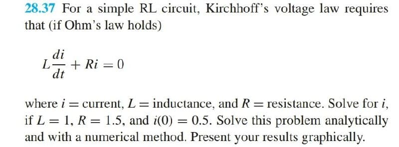 28.37 For a simple RL circuit, Kirchhoff's voltage law requires
that (if Ohm's law holds)
di
L- + Ri =
dt
where i = current, L = inductance, and R = resistance. Solve for i,
%3D
if L = 1, R = 1.5, and i(0) = 0.5. Solve this problem analytically
and with a numerical method. Present your results graphically.

