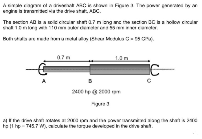 A simple diagram of a driveshaft ABC is shown in Figure 3. The power generated by an
engine is transmitted via the drive shaft, ABC.
The section AB is a solid circular shaft 0.7 m long and the section BC is a hollow circular
shaft 1.0 m long with 110 mm outer diameter and 55 mm inner diameter.
Both shafts are made from a metal alloy (Shear Modulus G = 95 GPa).
0.7 m
1.0 m
A
в
2400 hp @ 2000 rpm
Figure 3
a) If the drive shaft rotates at 2000 rpm and the power transmitted along the shaft is 2400
hp (1 hp = 745.7 W), calculate the torque developed in the drive shaft.
