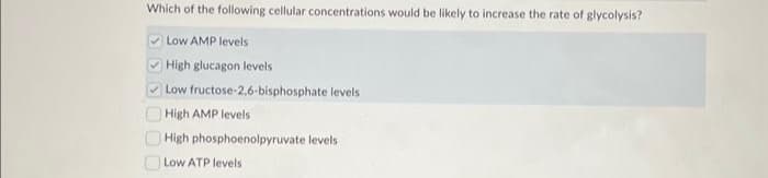 Which of the following cellular concentrations would be likely to increase the rate of glycolysis?
Low AMP levels
High glucagon levels
✓Low fructose-2,6-bisphosphate levels
High AMP levels
High phosphoenolpyruvate levels
Low ATP levels