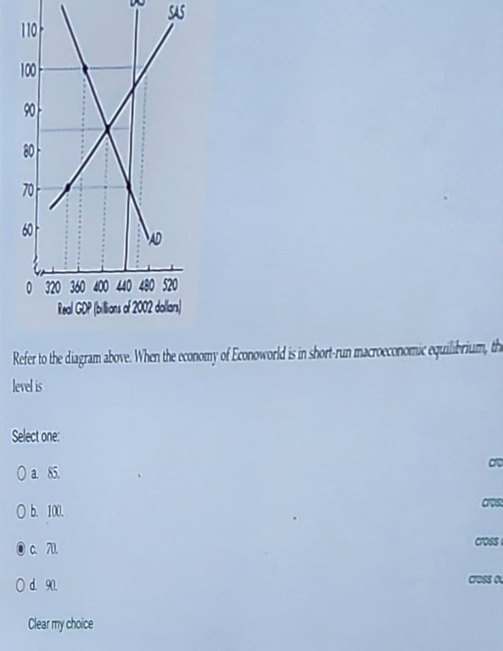 SAS
110
100
90
80
70-
600
AD
0 320 360 400 440 480 520
Real GDP (billions of 2002 dollars)
Refer to the diagram above. When the economy of Econoworld is in short-run macroeconomic equilibrium, th
level is
Select one:
O a. 85.
Cr
O b. 100.
O c. 70.
O d. 90.
Clear my choice
Cross
CROSS
CROSS O