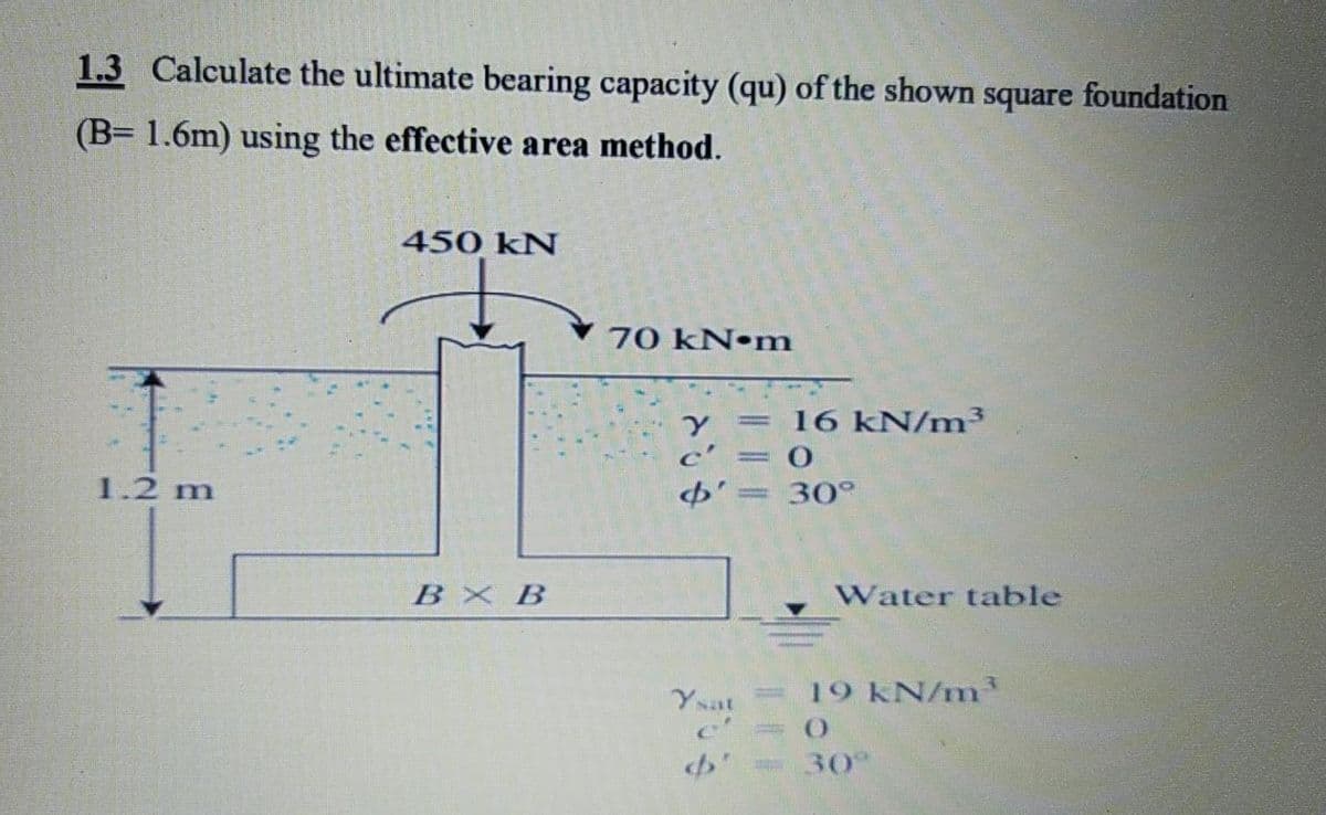 1.3 Calculate the ultimate bearing capacity (qu) of the shown square foundation
(B= 1.6m) using the effective area method.
450 kN
70 KN•M
16 kN/m³
c'
1.2 m
4' =
30°
BX B
Water table
Ysat
19 kN/m
e'
30
