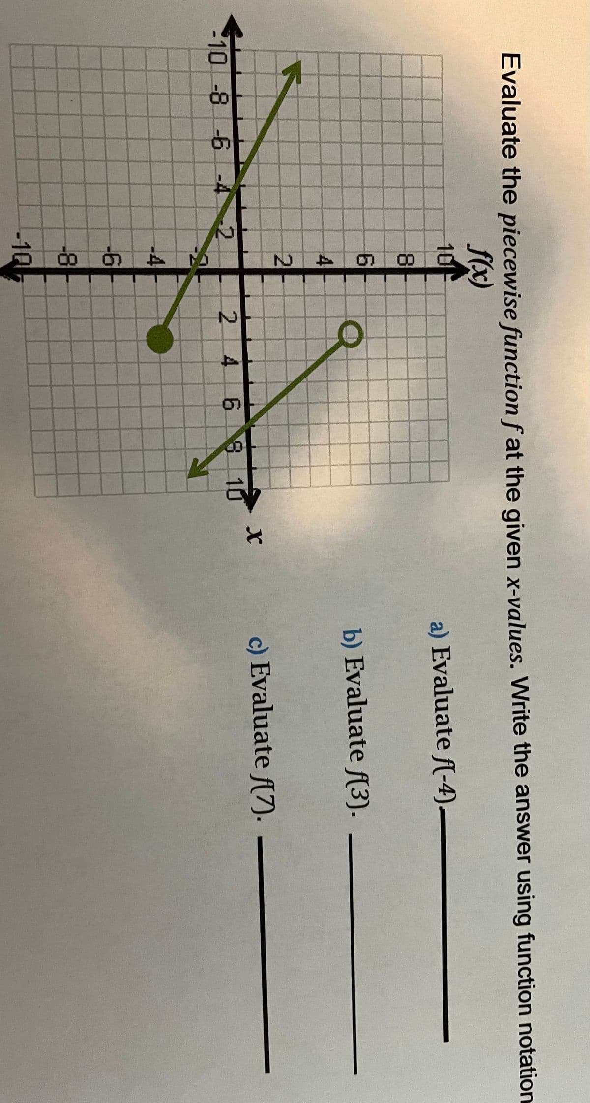 Evaluate the piecewise function f at the given x-values. Write the answer using function notation
f(x)
10
8
6
4
2
-10 -8 -6 -4
-2
4
-6
-8
-10
0:0
Q
2
4 6 8 10
TO
X
a) Evaluate f(-4)—
b) Evaluate f(3).
c) Evaluate f(7).