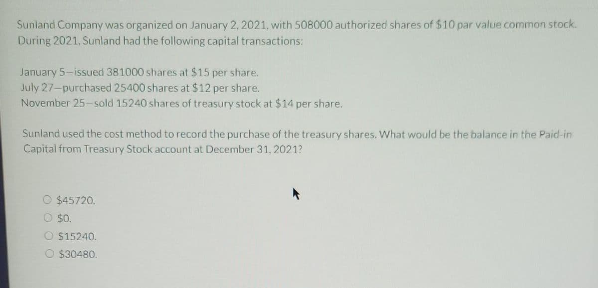 Sunland Company was organized on January 2, 2021, with 508000 authorized shares of $10 par value common stock.
During 2021, Sunland had the following capital transactions:
January 5-issued 381000 shares at $15 per share.
July 27-purchased 25400 shares at $12 per share.
November 25-sold 15240 shares of treasury stock at $14 per share.
Sunland used the cost method to record the purchase of the treasury shares. What would be the balance in the Paid-in
Capital from Treasury Stock account at December 31, 2021?
O $45720.
$0.
O $15240.
O $30480.