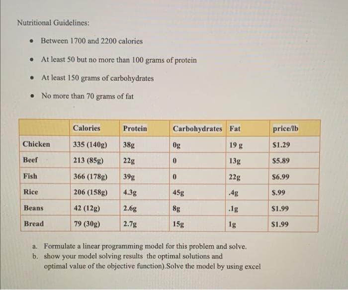 Nutritional Guidelines:
. Between 1700 and 2200 calories
•
At least 50 but no more than 100 grams of protein
At least 150 grams of carbohydrates
• No more than 70 grams of fat
Calories
Protein
Carbohydrates Fat
Chicken
335 (140g)
38g
Og
19 g
213 (85g)
Beef
22g
0
13g
366 (178g)
Fish
39g
0
22g
Rice
206 (158g)
4.3g
45g
.4g
42 (12g)
Beans
2.6g
8g
.lg
Bread
79 (30g)
2.7g
15g
1g
a. Formulate a linear programming model for this problem and solve.
b. show your model solving results the optimal solutions and
optimal value of the objective function). Solve the model by using excel
price/lb
$1.29
$5.89
$6.99
$.99
$1.99
$1.99