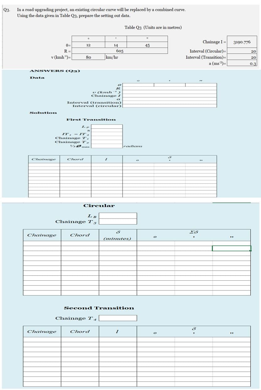 In a road upgrading project, an existing circular curve will be replaced by a combined curve.
Using the data given in Table Q3, prepare the setting out data.
Q3.
Table Q3 (Units are in metres)
Chainage I =
3190.776
12
14
45
R =
605
Interval (Circular)=
20
v (kmh")=
km/hr
Interval (Transition)=
a (ms)=
80
20
0.3
ANSWERS (Q3)
Data
R
E (kmh )
Chainage I
Interval (transition)
Interval (circular)
Solution
First Transiti on
IT, - IT,
Chainage T.
Chainage T2
radians
Chainage
Chord
Circular
LB
Chainage T3
Chainage
Chord
(mimutes)
Second Transition
Chainage T4
Chainage
Chord
