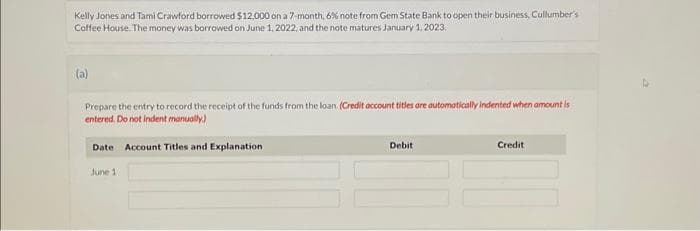 Kelly Jones and Tami Crawford borrowed $12,000 on a 7-month, 6% note from Gem State Bank to open their business, Cullumber's
Coffee House. The money was borrowed on June 1, 2022, and the note matures January 1, 2023.
(a)
Prepare the entry to record the receipt of the funds from the loan. (Credit account titles are automatically indented when amount is
entered. Do not indent manually.)
Date Account Titles and Explanation
June 11
Debit
Credit