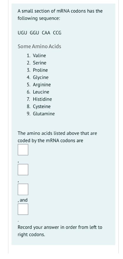 A small section of MRNA codons has the
following sequence:
UGU GGU CAA CCG
Some Amino Acids
1. Valine
2. Serine
3. Proline
4. Glycine
5. Arginine
6. Leucine
7. Histidine
8. Cysteine
9. Glutamine
The amino acids listed above that are
coded by the MRNA codons are
, and
Record your answer in order from left to
right codons.
