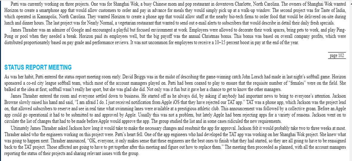 Patti was currently working on three projects. One was for Shanghai Wok, a busy Chinese mom and pop restaurant in downtown Charlotte, North Carolina. The owners of Shanghai Wok wanted
Horizon to create a smartphone app that would allow customers to order and pay in advance for meals they would simply pick up at a walk-up window. The second project was for Taste of India,
which operated in Kannapolis, North Carolina. They wanted Horizon to create a phone app that would allow staff at the nearby bio-tech firms to order food that would be delivered on-site during
lunch and dinner hours. The last project was for Nearly Normal, a vegetarian restaurant that wanted to send out e-mail alerts to subscribers that would describe in detail their daily fresh specials.
James Thrasher was an admirer of Google and encouraged a playful but focused environment at work. Employees were allowed to decorate their work spaces, bring pets to work, and play Ping-
Pong or pool when they needed a break. Horizon paid its employees well, but the big payoff was the annual Christmas bonus. This bonus was based on overall company profits, which were
distributed proportionately based on pay grade and performance reviews. It was not uncommon for employees to receive a 10–15 percent boost in pay at the end of the year.
_page 102
STATUS REPORT MEETING
As was her habit, Patti entered the status report meeting room early. David Briggs was in the midst of describing the game-winning catch John Lorsch had made in last night's softball game. Horizon
sponsored a co-ed city league softball team, which most of the account managers played on. Patti had been coaxed to play to ensure that the requisite number of “females" were on the field. She
balked at the idea at first; softball wasn’t really her sport, but she was glad she did. Not only was it fun but it gave her a chance to get to know the other managers.
James Thrasher entered the room and everyone settled down to business. He started off as he always did, by asking if anybody had important news to bring to everyone's attention. Jackson
Browne slowly raised his hand and said, “I am afraid I do. I just received notification from Apple iOS that they have rejected our TAT app." TAT was a phone app, which Jackson was the project lead
on, that allowed subscribers to reserve and see in real time what swimming lanes were available at a prestigious athletic club. This announcement was followed by a collective groan. Before an Apple
app could go operational it had to be submitted to and approved by Apple. Usually this was not a problem, but lately Apple had been rejecting apps for a variety of reasons. Jackson went on to
circulate the list of changes that had to be made before Apple would approve the app. The group studied the list and in some cases ridiculed the new requirements.
Ultimately James Thrasher asked Jackson how long it would take to make the necessary changes and resubmit the app for approval. Jackson felt it would probably take two to three weeks at most.
Thrasher asked who the engineers working on this project were. Patti's heart fell. One of the app engineers who had developed the TAT app was working on her Shanghai Wok project. She knew what
was going to happen next. Thrasher announced, “OK, everyone, it only makes sense that these engineers are the best ones to finish what they had started, so they are all going to have to be reassigned
back to the TAT project. Those affected are going to have to get together after this meeting and figure out how to replace them." The meeting then proceeded as planned, with all the account managers
reporting the status of their projects and sharing relevant issues with the group.
