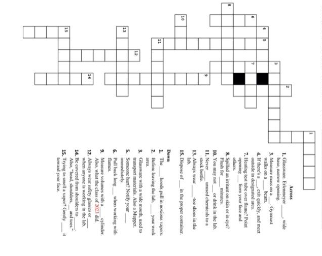 10
13
5
12
Across
1. Glassware. Erlenmeyer
base, narrow opening.
3. Measure mass on a
walks on a
4. If there's a
Gymnast
exit quickly, and meet
beam.
outside in designated area.
wide
7. Heating test tube over flame? Point
opening from your face and
others.
8. Spilled an irritant on skin or in eye?
Flush for
minutes.
10. You may not or drink in the lab.
11. Never
unused chemicals to a
stock bottle.
13. Always wear
-toe shoes in the
lab.
15. Dispose of in the proper container.
Down
1. The
hoods pull in noxious vapors.
2. Before leaving the lab,____ your work
area.
3. Glassware with a wide mouth, used to
transport materials. Also a Muppet.
5. Someone hurt? Notify your
immediately.
6. Pull back long when working with
flames.
cylinder.
9. Measure volumes with a
Also, what the class of 2023 did.
12. Always wear safety glasses or
when anyone is working in the lab.
14. Be covered from shoulders to
Also, "head, shoulders, and toes."
15. Trying to smell a vapor? Gently it
toward your face.