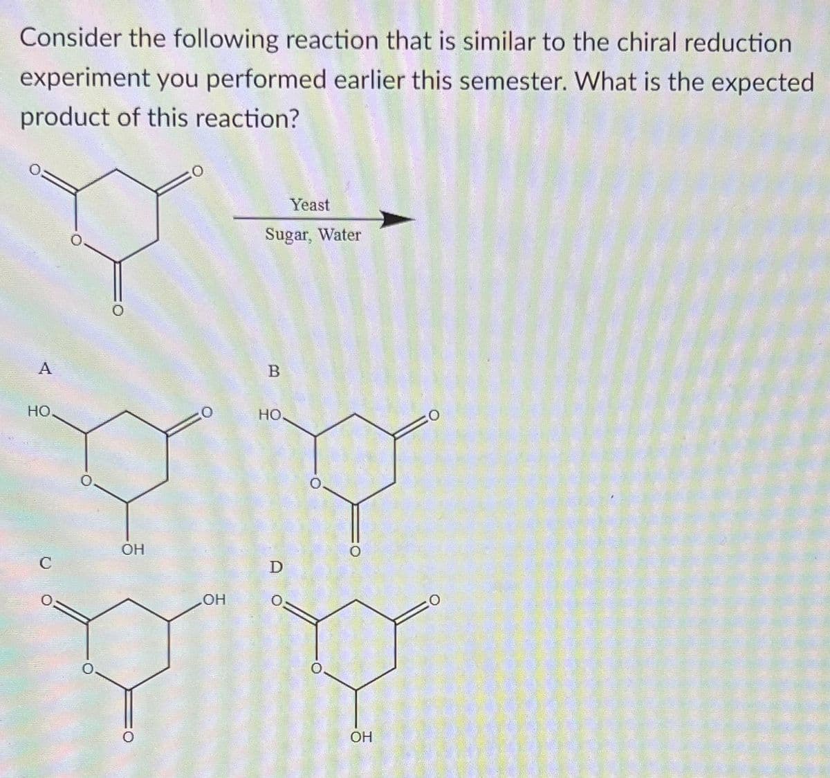 Consider the following reaction that is similar to the chiral reduction
experiment you performed earlier this semester. What is the expected
product of this reaction?
A
HO.
OH
Sugar, Water
B
Yeast
НО.
D
LOH
YY
OH