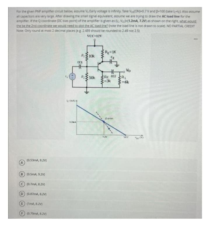 For the given PNP amplifier circuit below, assume V, Early voltage is infinity. Take Vca(ON)-0.7 V and B-100 (take I-I). Also assume
all capacitors are very large. After drawing the small signal equivalent, assume we are trying to draw the AC load line for the
amplifier. If the Q coordinate (DC bias point) of the amplifier is given as (c. Vcc)-(1.2mA, 7.2V) as shown on the right, what would
the be the 2nd coordinate we would need to plot the AC load line? (note the load line is not drawn to scale). NO PARTIAL CREDIT
Note: Only round at most 2 decimal places (e.g. 2.489 should be rounded to 2.49 not 2.5)
VCC 12V
(0.53mA, 8.2V)
B) (0.5mA, 9.2V)
Ⓒ (0.7mA, 8.2V)
D (0.87mA, 8.2V)
(1mA, 8.2V)
(0.79mA, 8.2V)
(mA) 4
1.2mA
R₁10k
CC1
ww
H
ww
R=1K
Rc C2
=3k
Opint
7.2V
Vo
RL
=6k
VCC
te (V)
***