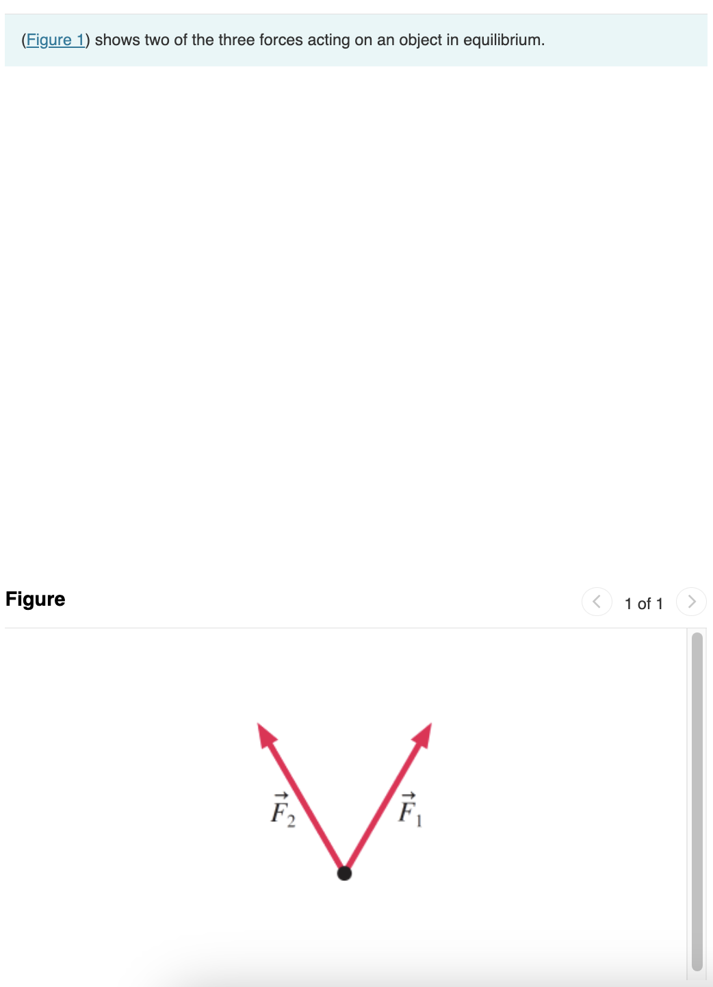 (Figure 1) shows two of the three forces acting on an object in equilibrium.
Figure
Vi
F₁
<
1 of 1