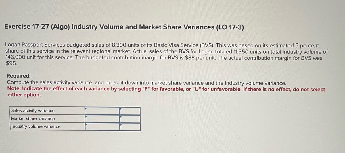 Exercise 17-27 (Algo) Industry Volume and Market Share Variances (LO 17-3)
Logan Passport Services budgeted sales of 8,300 units of its Basic Visa Service (BVS). This was based on its estimated 5 percent
share of this service in the relevant regional market. Actual sales of the BVS for Logan totaled 11,350 units on total industry volume of
146,000 unit for this service. The budgeted contribution margin for BVS is $88 per unit. The actual contribution margin for BVS was
$95.
Required:
Compute the sales activity variance, and break it down into market share variance and the industry volume variance.
Note: Indicate the effect of each variance by selecting "F" for favorable, or "U" for unfavorable. If there is no effect, do not select
either option.
Sales activity variance
Market share variance
Industry volume variance