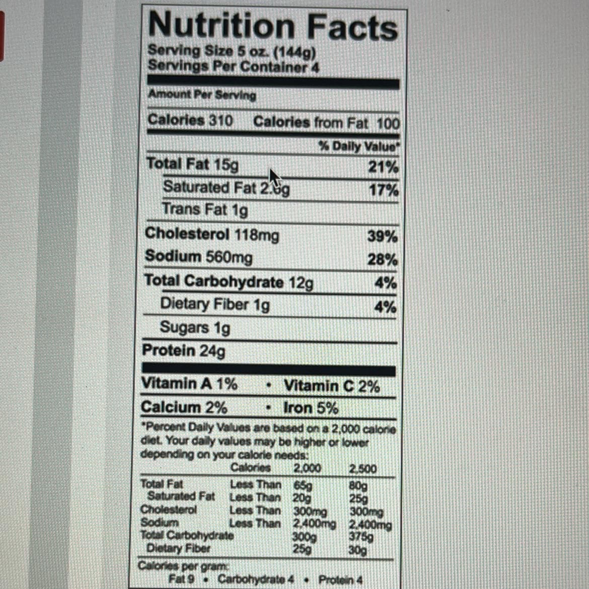 Nutrition Facts
Serving Size 5 oz. (144g)
Servings Per Container 4
Amount Per Serving
Calories 310 Calories from Fat 100
% Daily Value
21%
17%
Total Fat 15g
Saturated Fat 2.0g
Fat 2.g
Trans Fat 1g
Cholesterol 118mg
Sodium 560mg
Total Carbohydrate 12g
Dietary Fiber 1g
Sugars 1g
Protein 24g
Vitamin A 1%
• Vitamin C 2%
Calcium 2%
• Iron 5%
"Percent Daily Values are based on a 2,000 calorie
diet. Your daily values may be higher or lower
depending on your calorie needs:
Calories
2,000
Less Than 65g
Less Than
20g
Less Than
Less Than
Total Fat
Saturated Fat
Cholesterol
Sodium
Total Carbohydrate
Dietary Fiber
Calories per gram
300mg
2,400mg
300g
25g
39%
28%
4%
4%
2.500
80g
25g
300mg
2.400mg
375g
30g
Fat 9 Carbohydrate 4 Protein 4