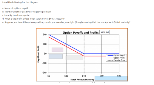 Label the following for this diagram:
a. Name of options payoff
b. Identify whether positive or negative premium
c. Identify breakeven point
d. What is the profit or loss when stock price is S60 at maturity
e. Suppose you have this options position, should you exercise your right (if any) assuming that the stock price is $60 at maturity?
Option Payoffs and Profits Long put
$40
$20
$0
Option Payoff
Option Profit
Exerche Price
$20
S40
$20
$40
S60
$80.
Stock Price At Maturity
Payoff and Profit
