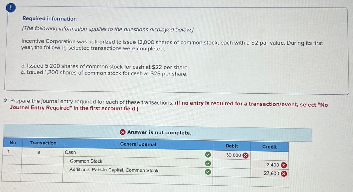 !
Required information
[The following information applies to the questions displayed below.]
Incentive Corporation was authorized to issue 12,000 shares of common stock, each with a $2 par value. During its first
year, the following selected transactions were completed:
a. Issued 5,200 shares of common stock for cash at $22 per share.
b. Issued 1,200 shares of common stock for cash at $25 per share.
2. Prepare the journal entry required for each of these transactions. (If no entry is required for a transaction/event, select "No
Journal Entry Required" in the first account field.)
> Answer is not complete.
1
No
a
Transaction
Cash
Common Stock
General Journal
Debit
Credit
30,000 ×
Additional Paid-In Capital, Common Stock
2,400x
27,600 x