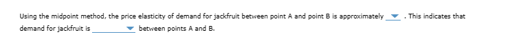 Using the midpoint method, the price elasticity of demand for jackfruit between point A and point B is approximately
demand for jackfruit is
✓ between points A and B.
This indicates that