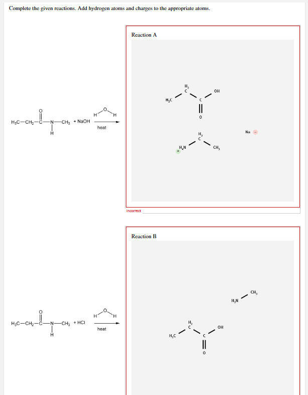 Complete the given reactions. Add hydrogen atoms and charges to the appropriate atoms.
Reaction A
H₂C-CH₂-C -NCH, + NaOH
H
H₂C-CH₂-C-N-CH₂ + HCI
H
heat
2
heat
Incorrect
Reaction B
OH
Y
H₂C
0
Na
H₂N
CH₂
H₂C
OH
H₂N
CH₂