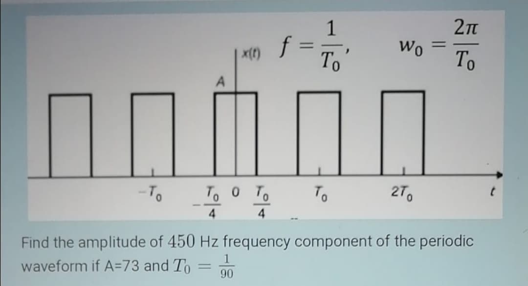 1
2n
%3D
Wo
-
x(t)
To
To
-To
To O To
To
27,
2T0
4.
4.
Find the amplitude of 450 Hz frequency component of the periodic
1
waveform if A=73 and To
90
