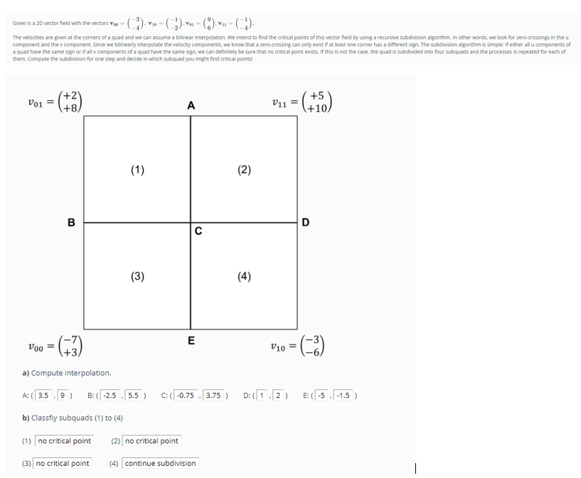 Given is a 2D vector field with the vectors Voo (
V10-
The velocities are given at the corners of a quad and we can assume a bilinear interpolation. We intend to find the critical points of this vector field by using a recursive subdivision algorithm. In other words, we look for zero-crossings in the u
component and the v component. Since we bilinearly interpolate the velocity components, we know that a zero-crossing can only exist if at least one corner has a different sign. The subdivision algorithm is simple: If either all u components of
a quad have the same sign or if all v components of a quad have the same sign, we can definitely be sure that no critical point exists. If this is not the case, the quad is subdivided into four subquads and the processes is repeated for each of
them. Compute the subdivision for one step and decide in which subquad you might find critical points!
V01 = (+2)
B
V0o=
=(+3)
a) Compute interpolation.
A
(1)
(2)
(3)
0
(4)
V11
V₁₁ = (+50)
E
V10 =
D
A: (3.5,9)
B: (-2.5
5.5)
C: (-0.75, 3.75) D:(1.2)
E: (-5.-1.5)
b) Classfiy subquads (1) to (4)
(1) no critical point
(2) no critical point
(3) no critical point
(4) continue subdivision