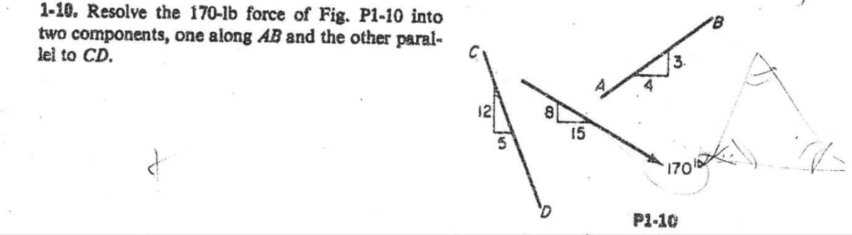 1-10. Resolve the 170-lb force of Fig. P1-10 into
two components, one along AB and the other paral-
lel to CD.
&
12
5
15
17016
P1-10
a