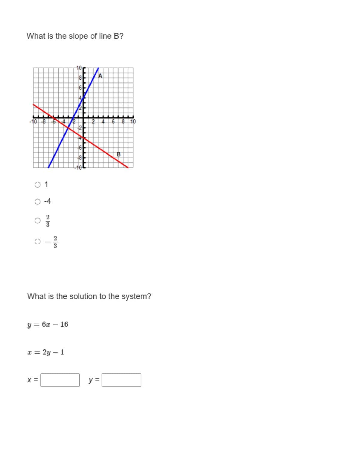 What is the slope of line B?
-10 -8
0 1
0 -4
2
3
H
y=6x16
X =
x = 2y - 1
I
10
8
6
on on f R
-6
8
-10-
What is the solution to the system?
A
8 10
y =